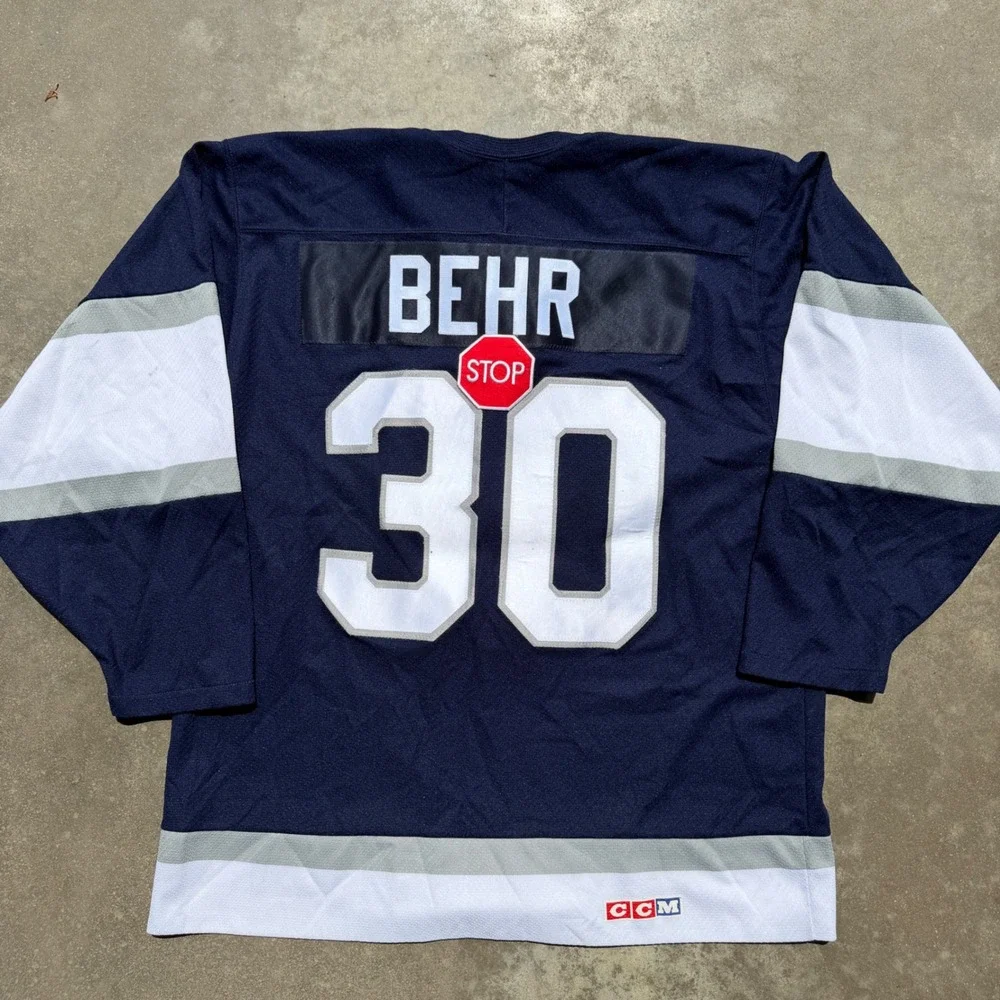 CCM Navy Blue Hockey‎ Jersey Mens Large BEHR 30 Polar Bear Chesapeake Lace Up